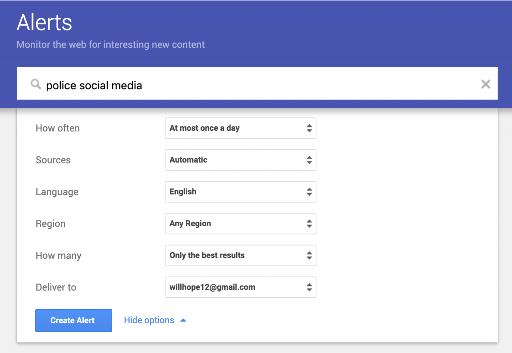 Screenshot showing how to use google alerts for content development